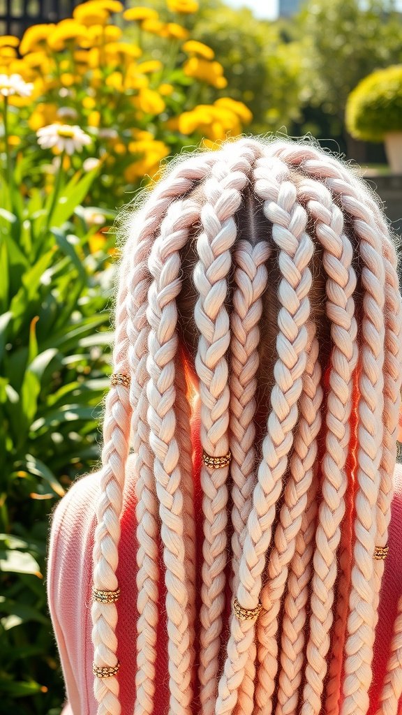 A person with pastel colored knotless braids adorned with gold accessories, surrounded by vibrant flowers.