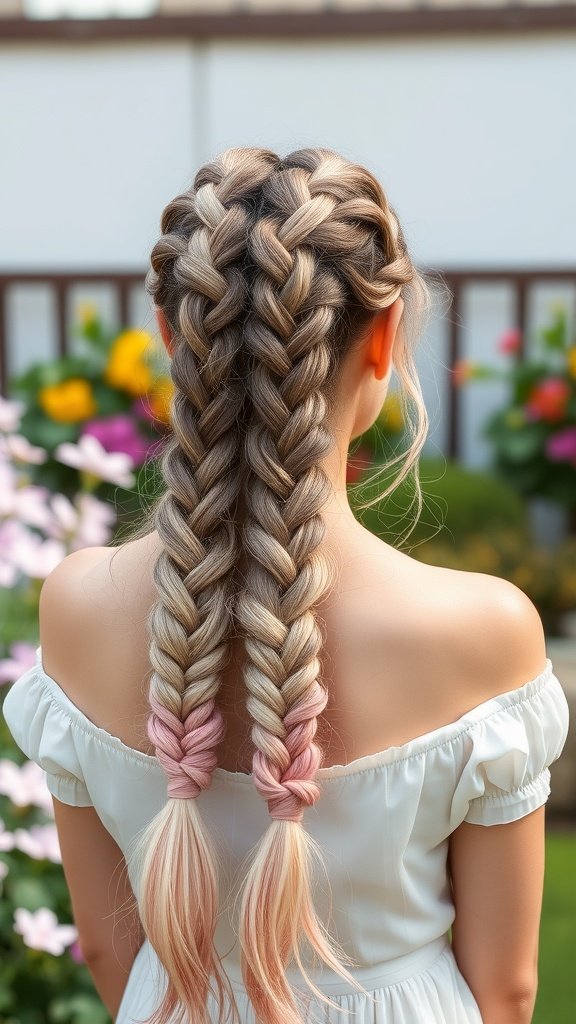 A person with pastel ombre knotless braids featuring blonde and pink shades.