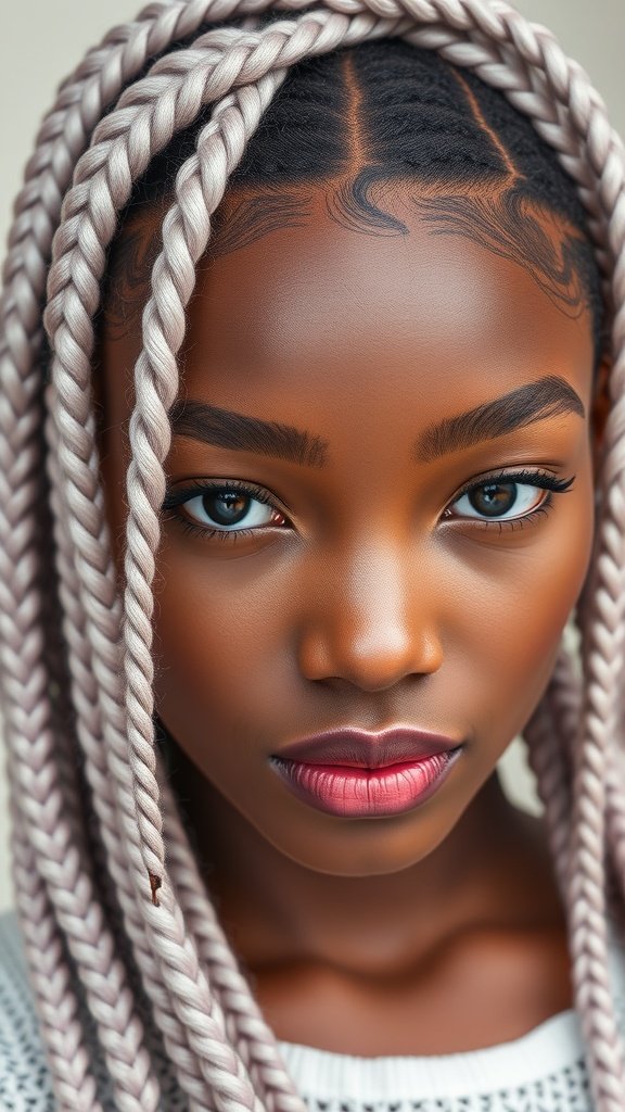 A close-up of a model with pastel jumbo knotless box braids, showcasing soft colors and a stylish look.