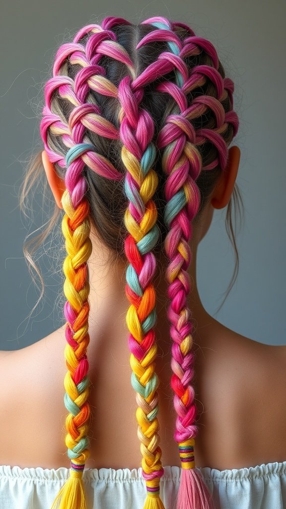 A close-up view of pastel rainbow braids featuring pink, blue, and yellow colors intricately woven into a stylish hairstyle.