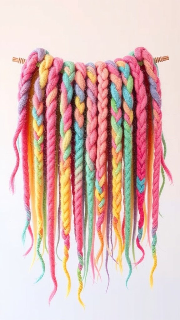 Colorful pastel rainbow knotless braids hanging on a display