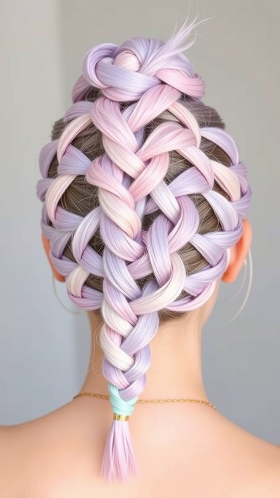 A beautiful hairstyle featuring pastel toned knotless braids in lavender, pink, and mint colors.