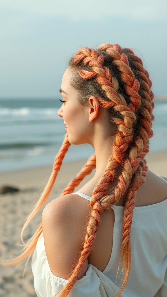 A woman with peach and coral knotless braids, standing on a beach with the ocean in the background.