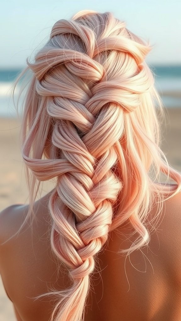 Back view of peachy pink knotless braids styled elegantly