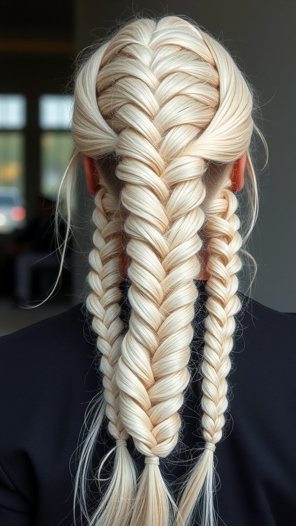 A close-up view of neatly styled platinum blonde knotless braids.