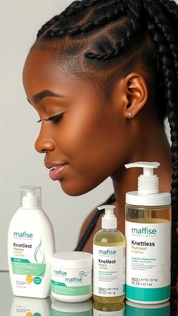 A model with knotless braids and hair care products for maintaining style longevity.
