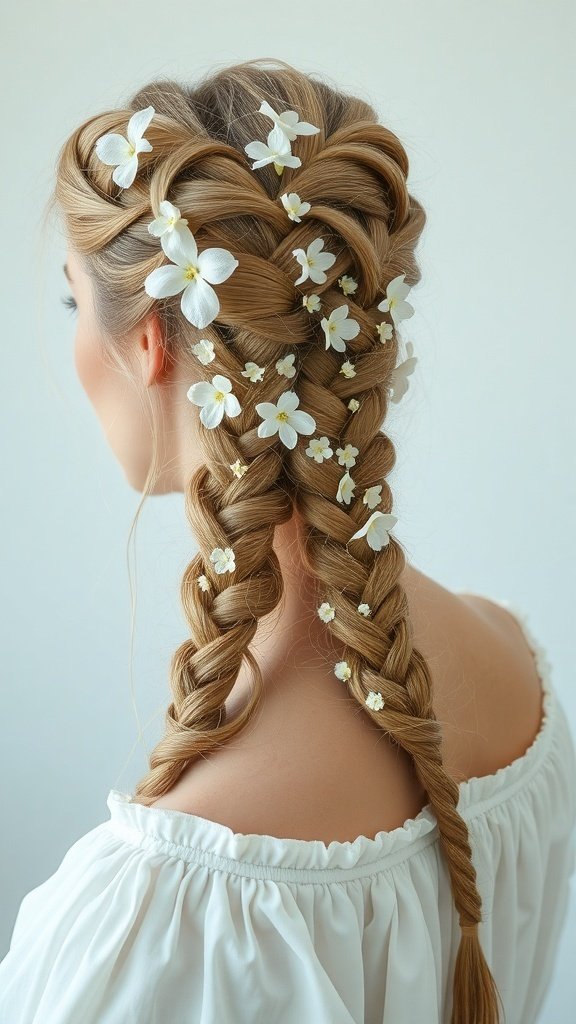 A model with romantic boho knotless braids adorned with flowers.