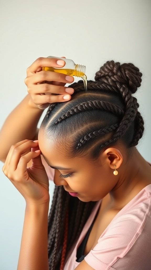 A person applying oil to their scalp while wearing boho knotless braids.