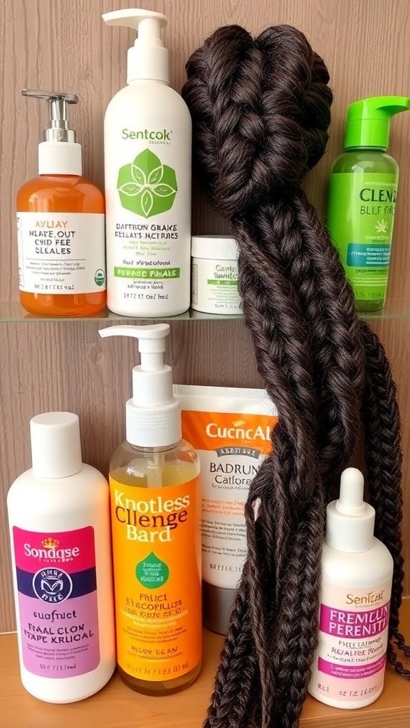 A collection of hair care products for braids, featuring Kuifex brand items, alongside beautifully styled knotless braids.
