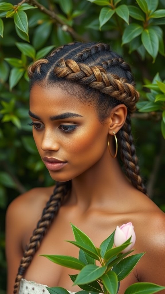 A woman with knotless braids styled in a crown braid, surrounded by greenery.