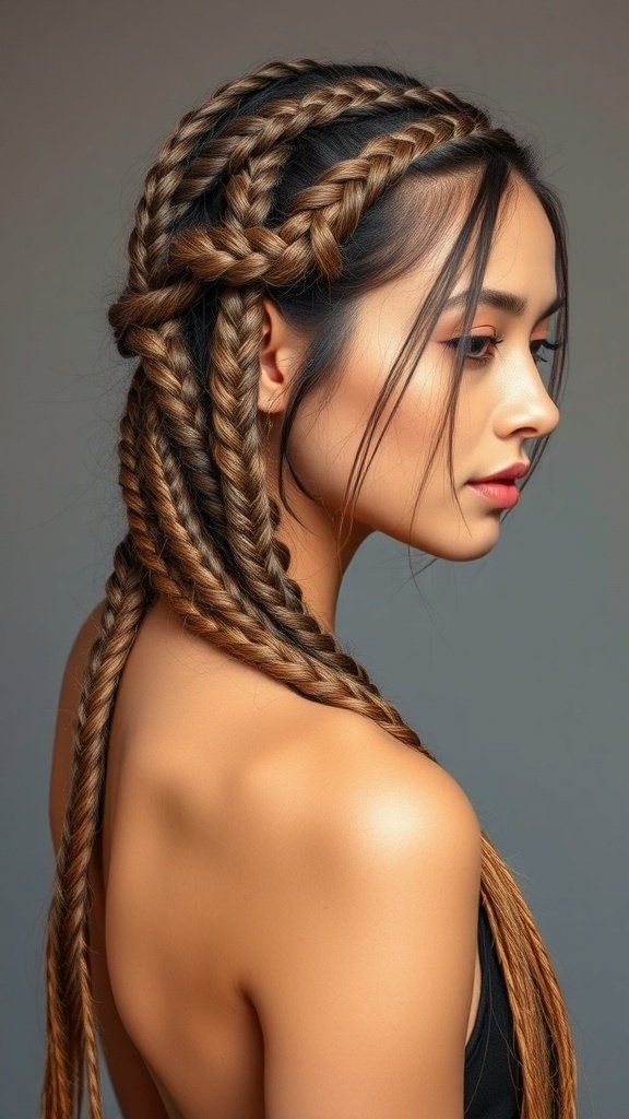 A woman with layered knotless braids, showcasing different lengths and a stylish look.