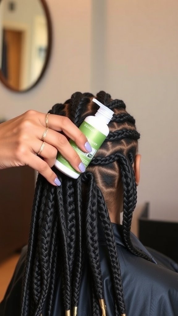 A close-up view of a woman with knotless braids styled in a top knot, showcasing intricate patterns on the scalp.