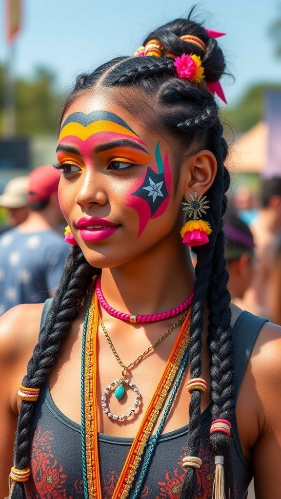A young woman with knotless braids styled for a festival, adorned with colorful beads and face paint.