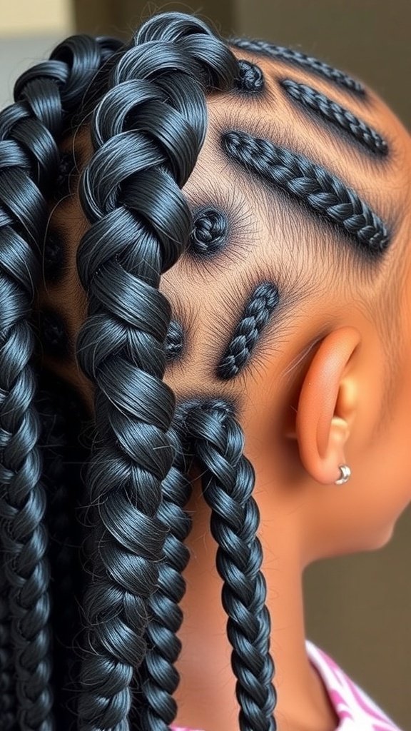 A close-up of a person with knotless braids styled in geometric patterns.