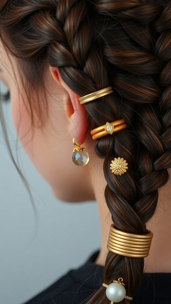 Close-up of a woman's knotless braids adorned with gold hair jewelry and earrings.