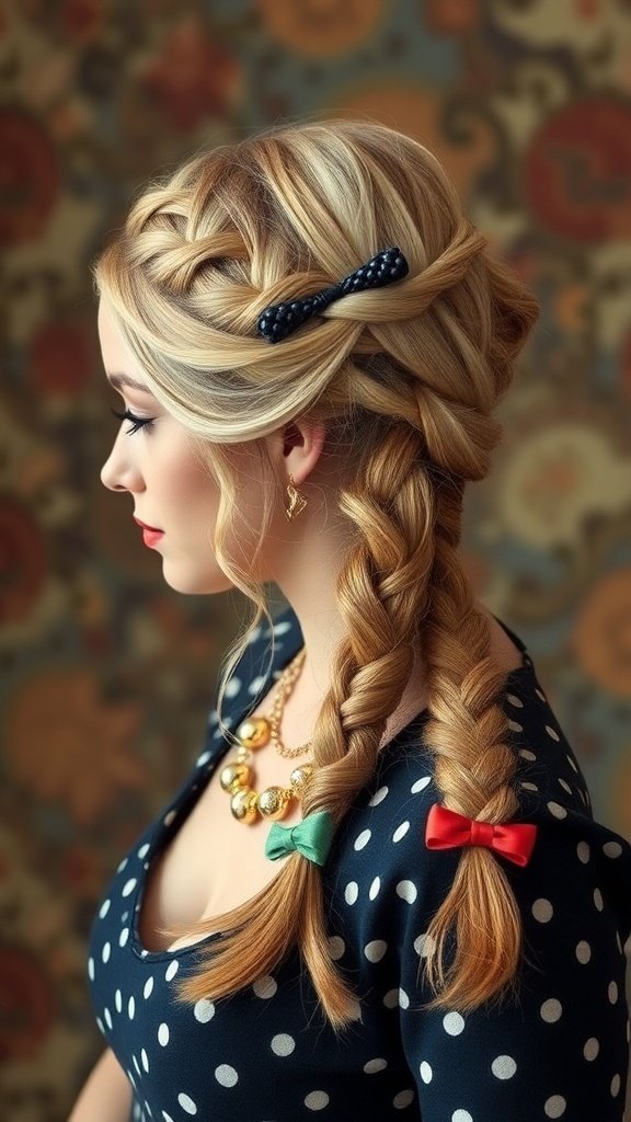 A model with two knotless braids, styled in a vintage boho look, featuring colorful hair ties.