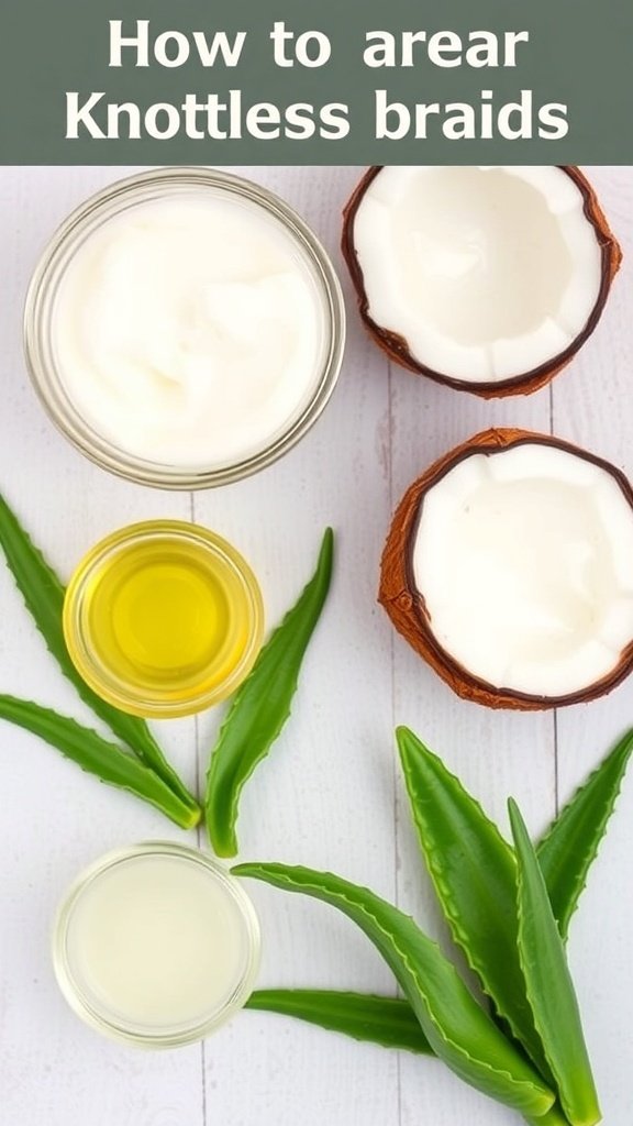 Coconuts and aloe vera on a wooden platter, showcasing natural ingredients for hair care.
