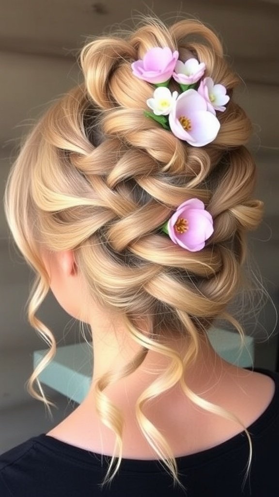 A stylish messy bun with knotless braids and floral accessories.