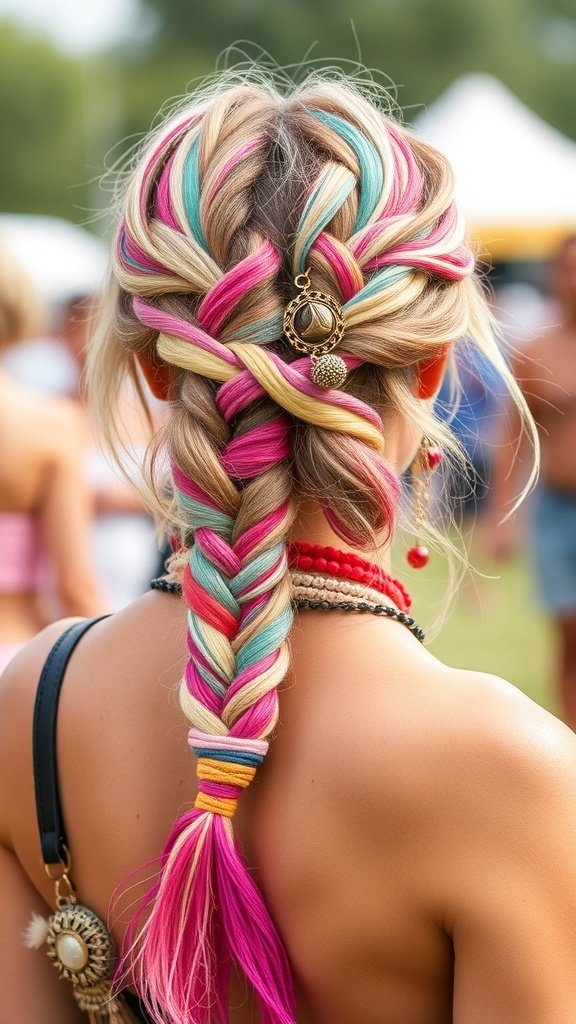 A close-up of a woman's back showing colorful knotless braids decorated with ribbons, perfect for a festival look.