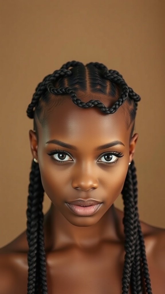 A close-up of a person with boho knotless braids, showcasing their facial features.