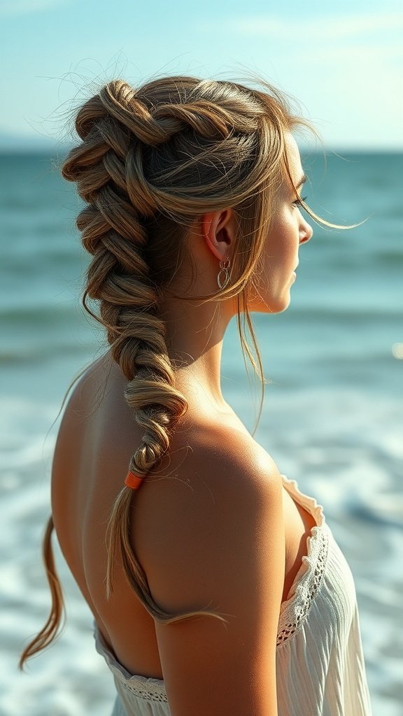 A woman with knotless braids styled with loose ends, standing by the beach.