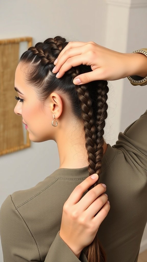A person adjusting their knotless braids, showcasing the maintenance of the hairstyle.