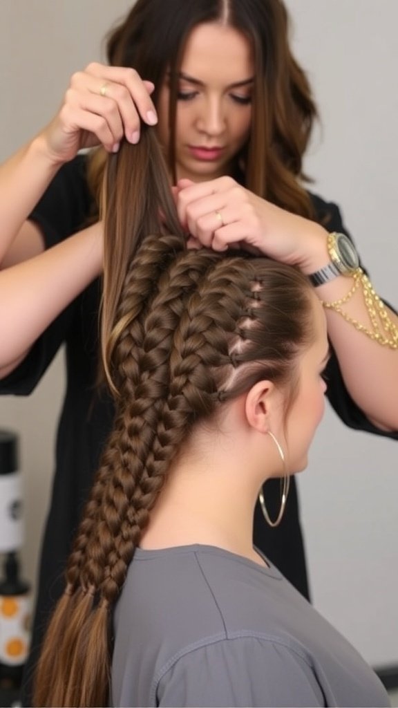 A close-up of a person getting knotless braids styled, showcasing neat sections and intricate braiding technique.
