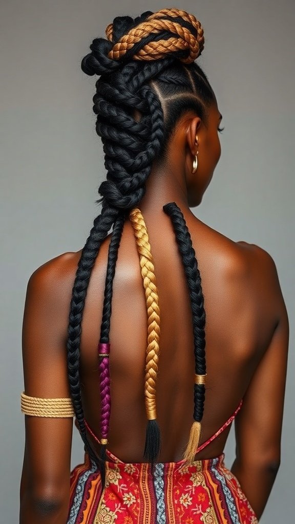 A close-up of a woman with boho knotless braids, showcasing intricate patterns and a mix of colors.
