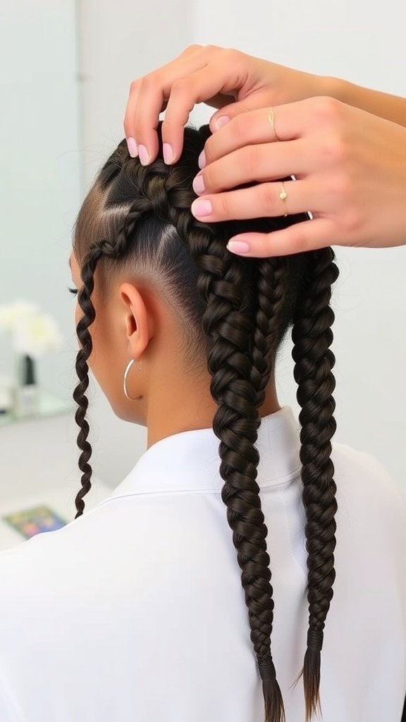 A woman with stylish boho knotless braids, showcasing the use of filler hair for added volume.