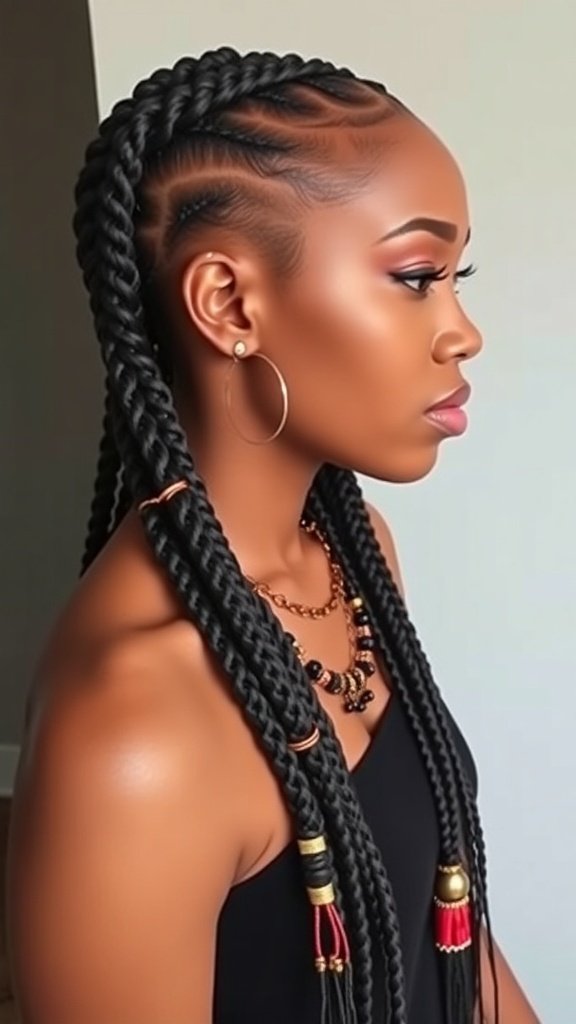 A woman with stylish side braids and decorative accessories in her hair.