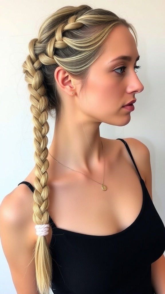 A stylish hairstyle featuring long knotless braids with a top knot and colorful hair ties.