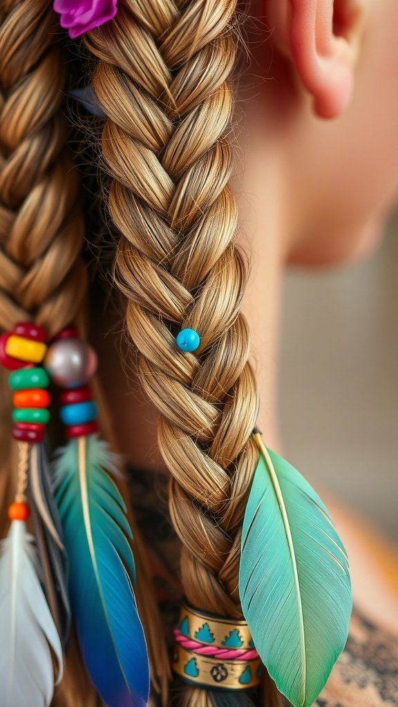 Close-up of knotless braids with colorful beads and feathers