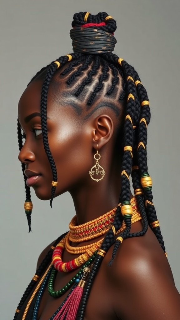 A woman with intricate knotless braids styled in a tribal-inspired look, adorned with traditional jewelry.