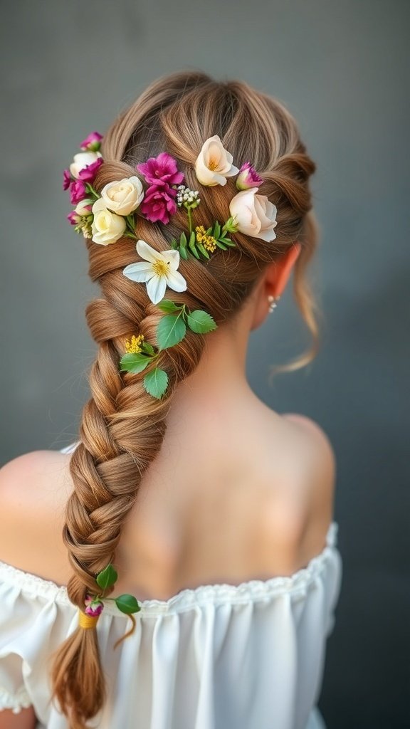A woman with knotless braids adorned with flowers and leaves, showcasing a boho hairstyle.
