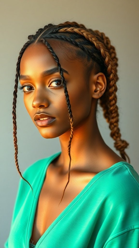 A close-up of a person with boho knotless braids, showcasing a carefree and effortless hairstyle.