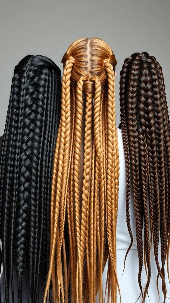 A woman with long boho knotless braids, showcasing a stylish and elegant look.