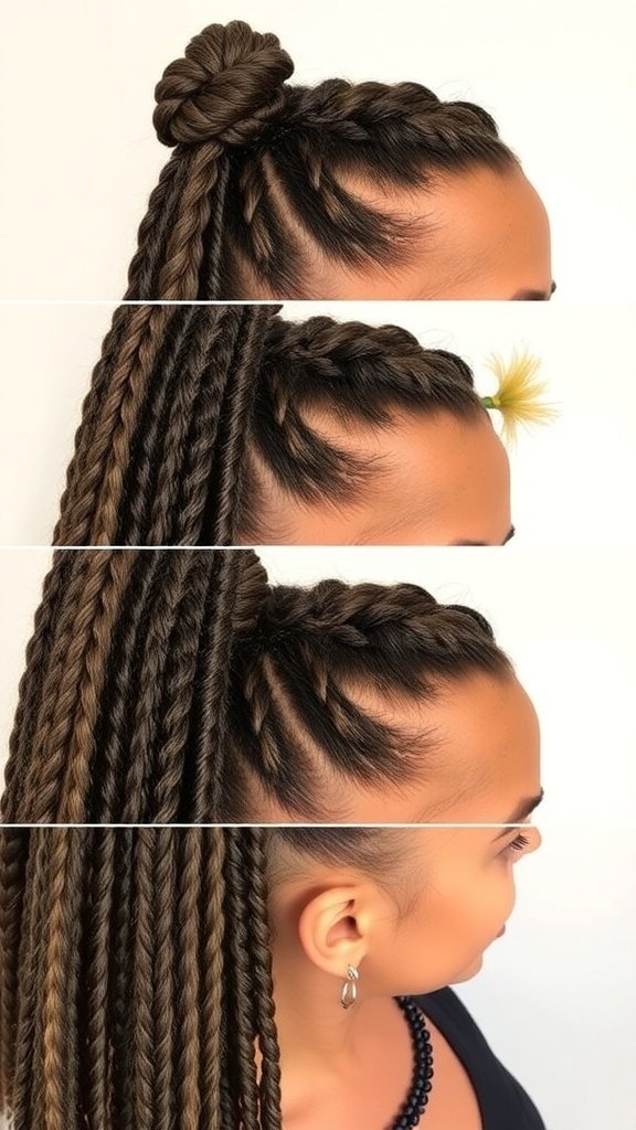 Close-up of two sets of knotless braids in black and brown colors.