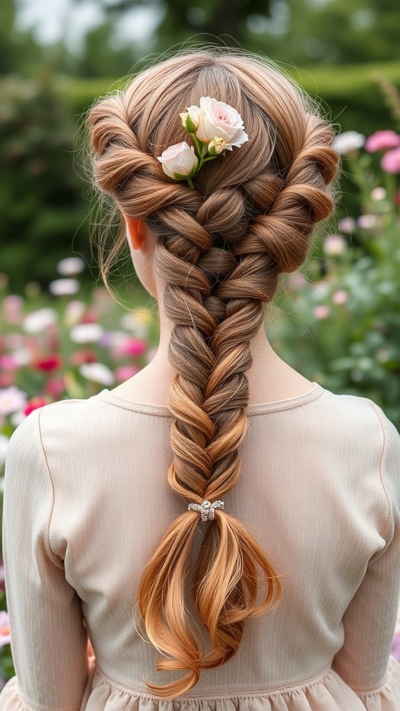 A woman with rose gold knotless braids adorned with small roses in a garden setting.