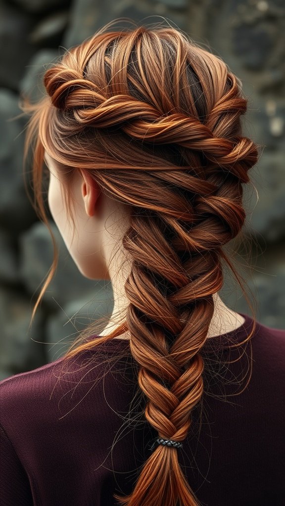A close-up view of a woman's back showing beautifully styled rusty red knotless braids.