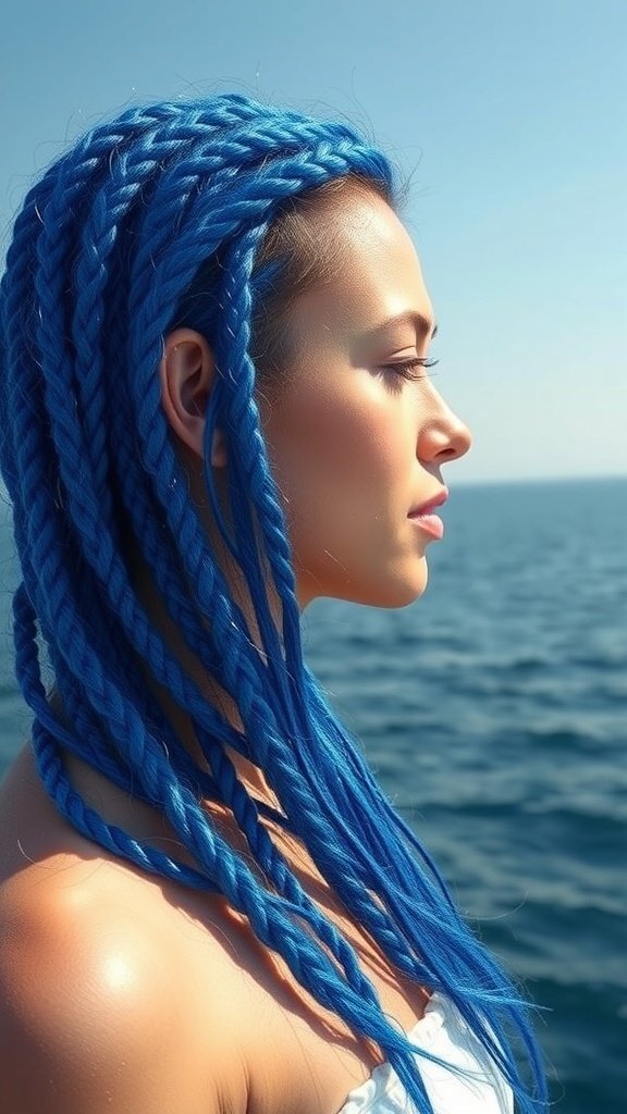 A woman with sapphire blue knotless braids by the sea