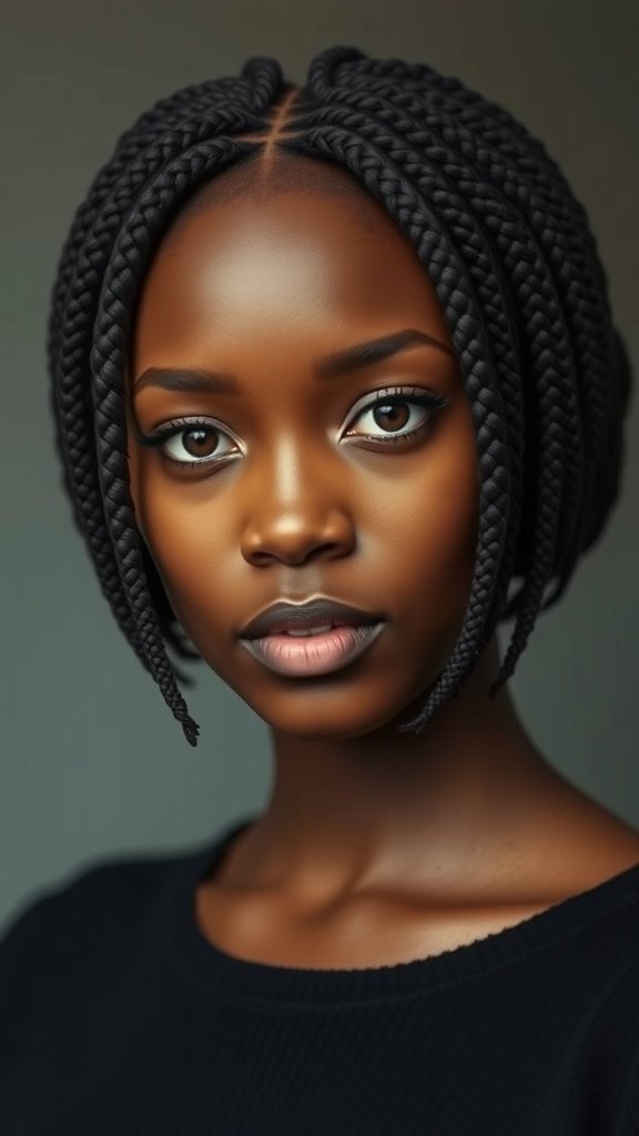 A close-up of a person with short bob knotless box braids, showcasing a neat and stylish hairstyle.