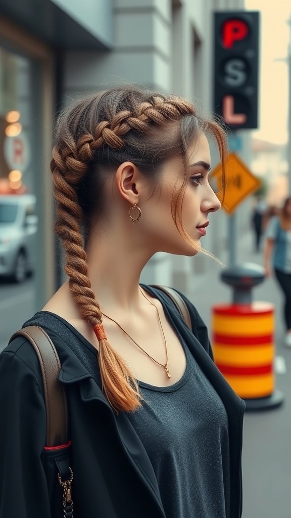 A young woman with short knotless boho braids, showcasing a chic hairstyle in an urban setting.
