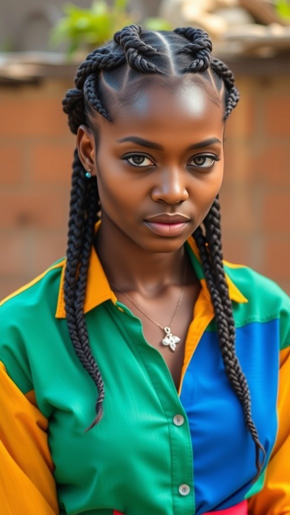 A close-up of a person with short knotless braids, wearing a colorful shirt.