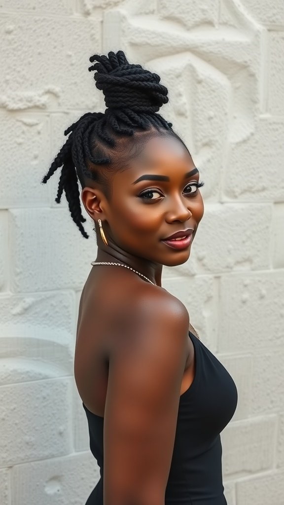 A woman with short knotless braids styled in a chic updo, showcasing a trendy look.