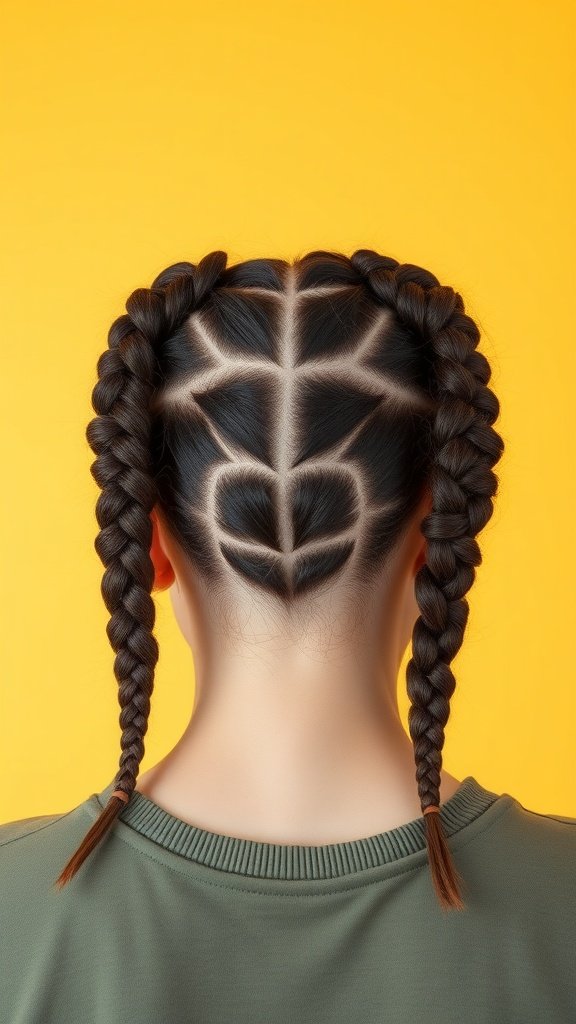 Back view of a person with short knotless braids styled in two sections, featuring intricate shaved patterns on the scalp against a bright yellow background.
