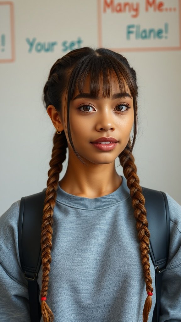 A young person with short knotless braids and bangs, wearing a gray sweatshirt and a backpack.