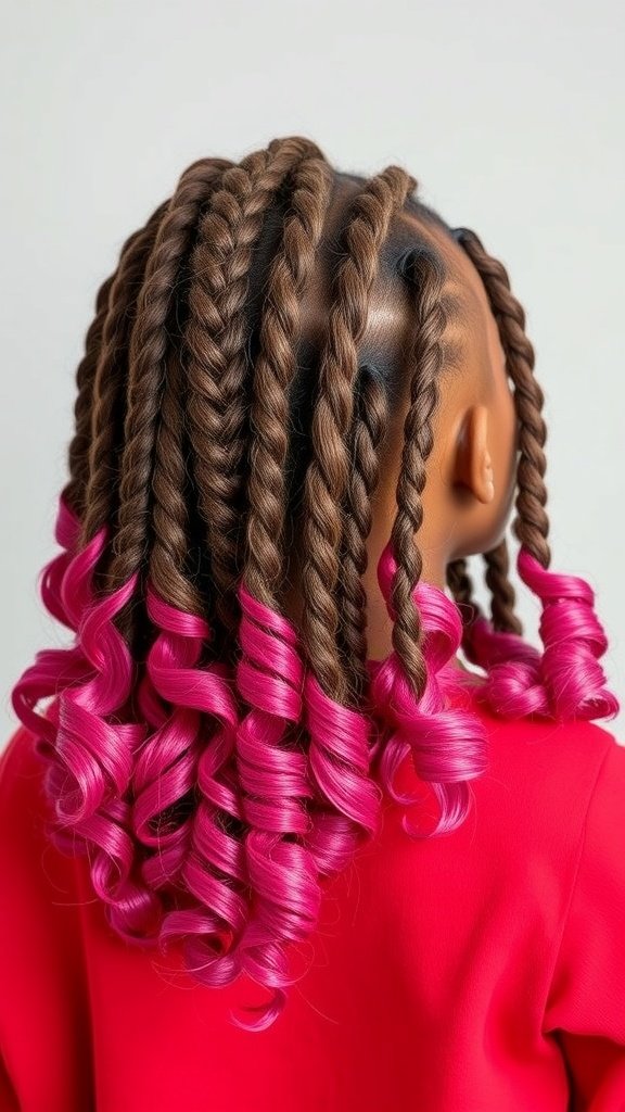 A close-up of short knotless braids with vibrant pink curly ends.