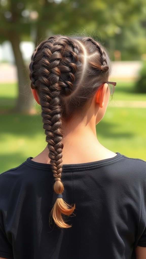 A girl with short knotless braids styled with curls at the ends, showcasing a trendy hairstyle.