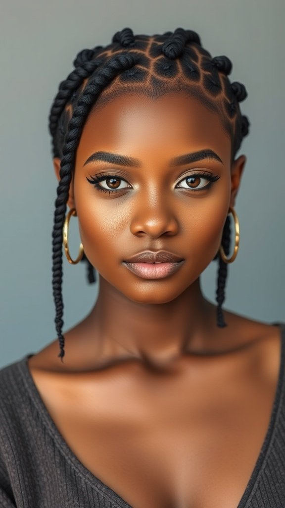 A close-up of a woman with short layered knotless braids, showcasing a stylish and modern hairstyle.