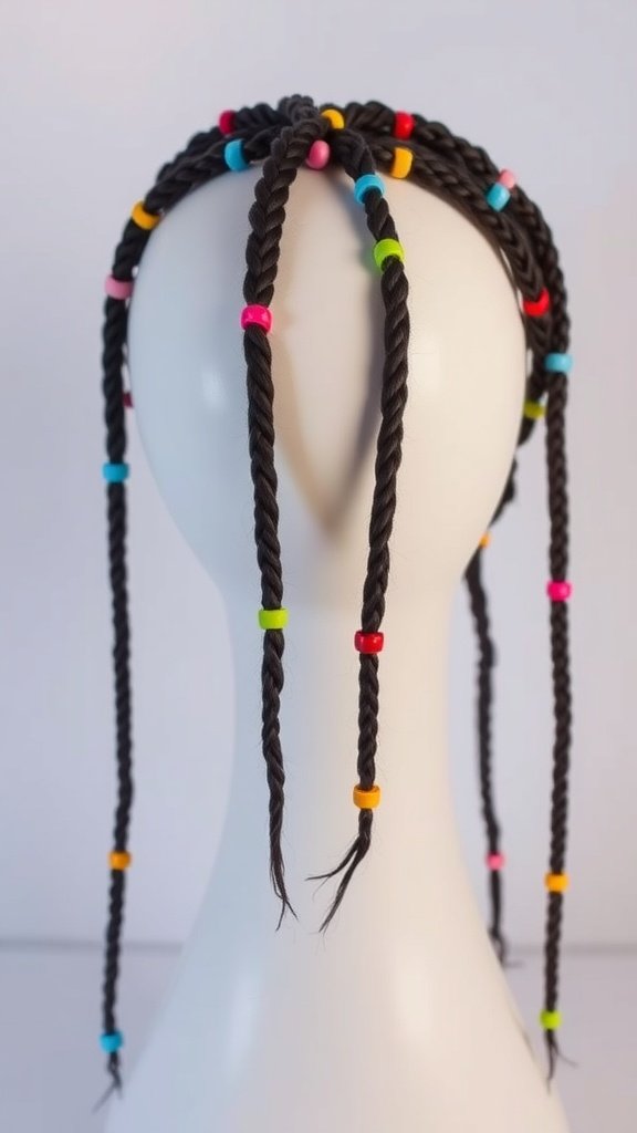 Shoulder-length knotless braids with colorful beads